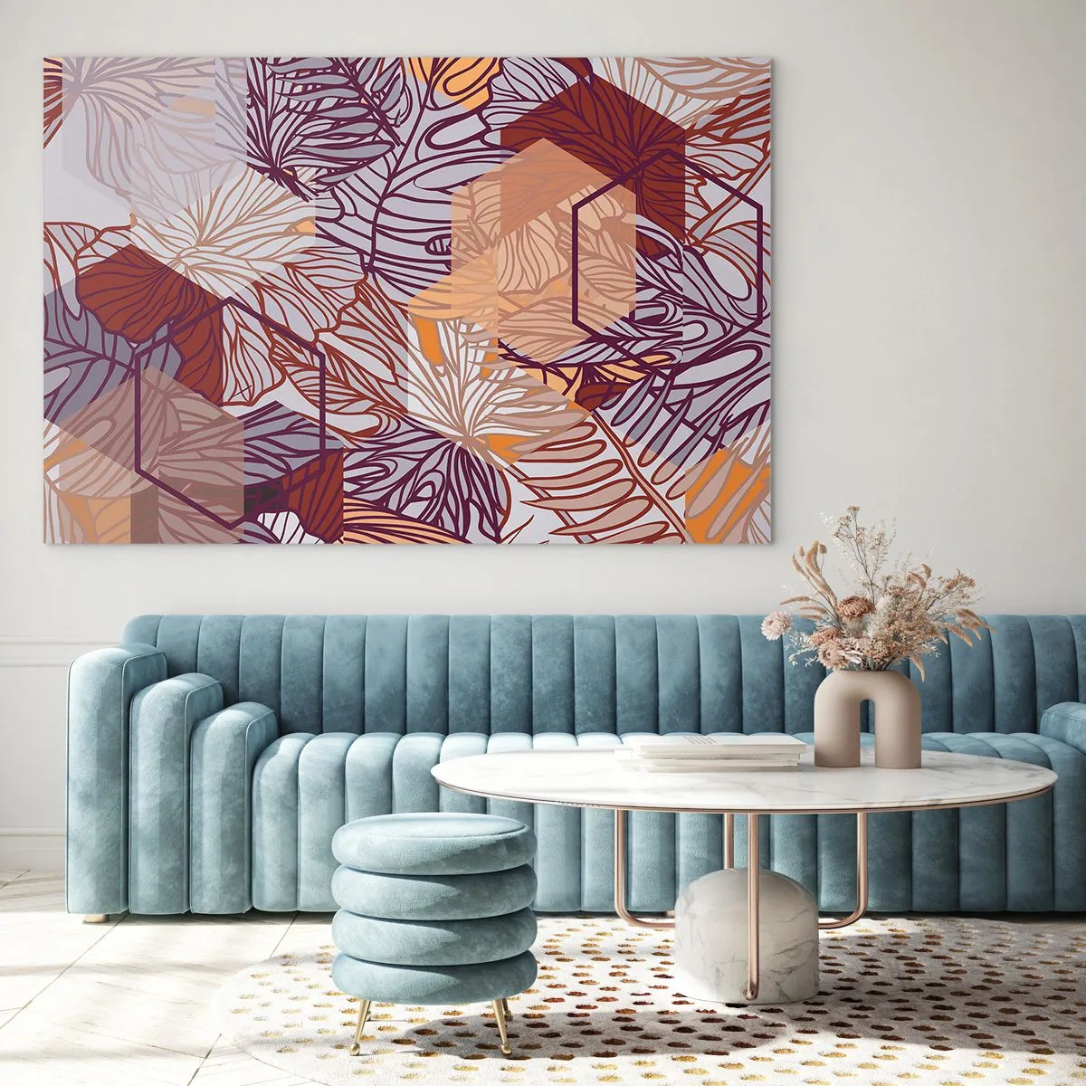 Obraz na szkle - Graficzne liście na tle geometrycznych kształtów - 70x50cm - Związek niemozliwy geometrii i natury - Nowoczesna dekoracja ścienna do salonu i sypialni ARTTOR