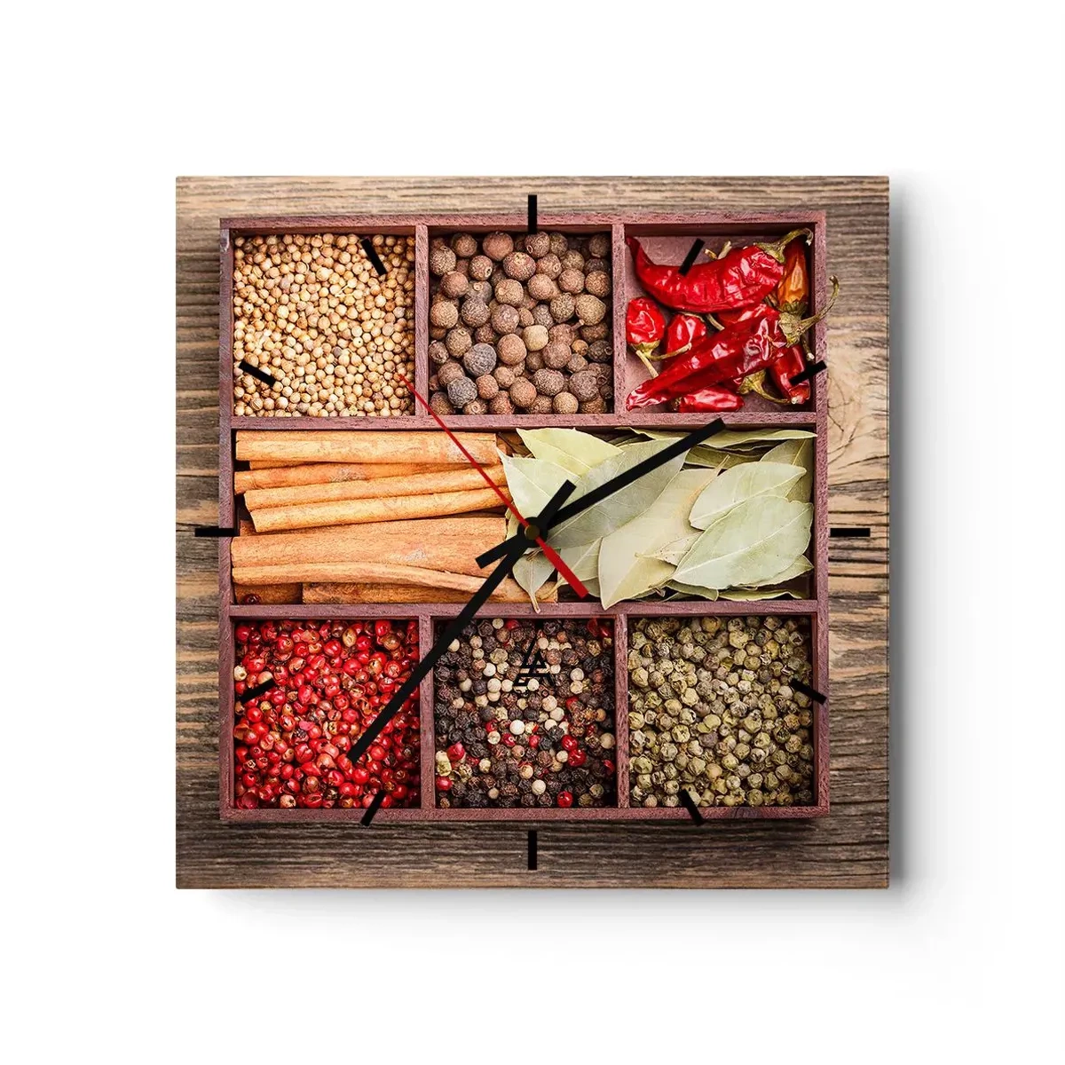 Zegar ścienny - Drewniane pudełko z różnorodnymi przyprawami w przegródkach - 30x30cm - Porządek kształtów, bukiet aromatów - Nowoczesna dekoracja ścienna do salonu i sypialni ARTTOR