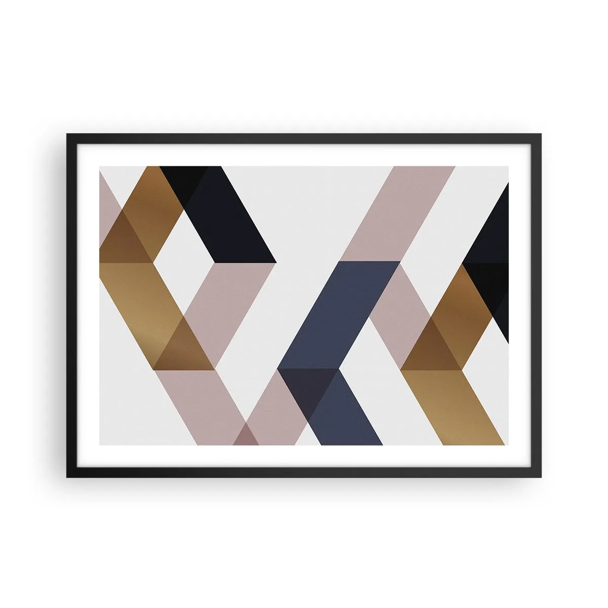 Plakat w czarnej ramie - Geometryczne wzory w odcieniach złota i granatu - 70x50cm - Płaszczyzny i kąty - Nowoczesna dekoracja ścienna do salonu i sypialni ARTTOR