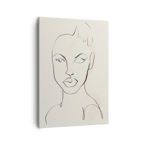 Obraz na płótnie - Minimalistyczny rysunek kobiecej twarzy wykonany czarną linią na jasnym tle - 50x70cm - Zarys zmysłowości - Nowoczesna dekoracja ścienna do salonu, kuchni i sypialni ARTTOR