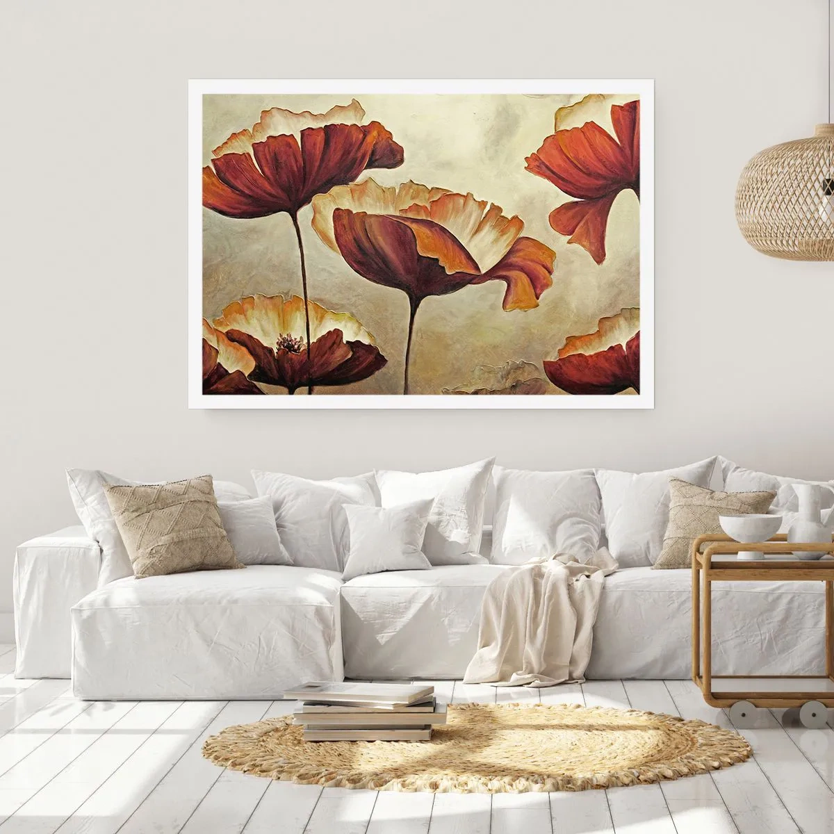 Plakat - Subtelne kwiaty w odcieniach czerwieni i złota na jasnym tle - 100x70cm - Łąki łan - Nowoczesna dekoracja ścienna do salonu i sypialni ARTTOR