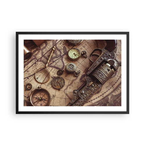 Plakat w czarnej ramie - Zabytkowe przedmioty na starej mapie w retro stylu - 70x50cm - Przygoda wzywa - Nowoczesna dekoracja ścienna do salonu i sypialni ARTTOR