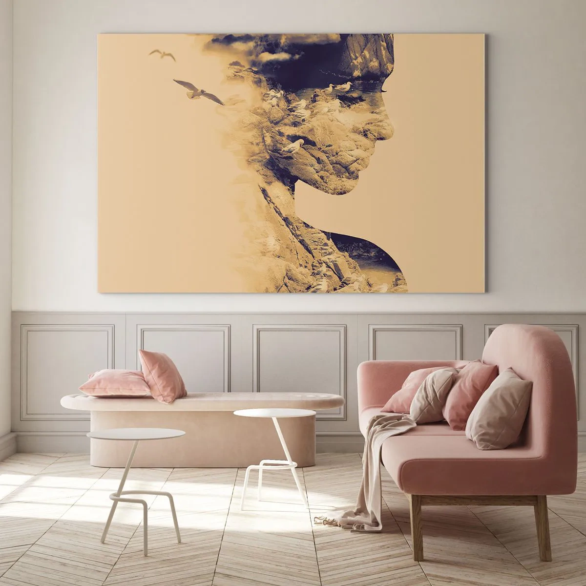 Obraz na szkle - Sylwetka kobiety z motywem krajobrazu i ptakami - 120x80cm - Piękna z natury - Nowoczesna dekoracja ścienna do salonu, kuchni i sypialni ARTTOR