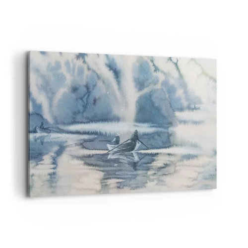 Obraz na płótnie - Akwarelowy krajobraz z łodziami na jeziorze otoczonym mglistym lasem - 120x80cm - Wędkarze w swoim raju - Nowoczesna dekoracja ścienna do salonu, kuchni i sypialni ARTTOR