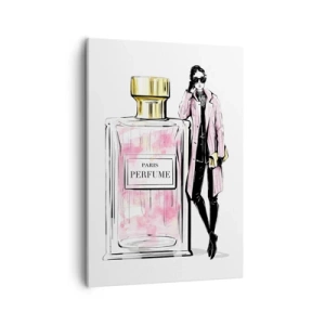 Obraz na płótnie - Flakon perfum z elegancką kobietą w różowym płaszczu - 50x70cm - Paryska zmysłowość - Nowoczesna dekoracja ścienna do salonu, kuchni i sypialni ARTTOR