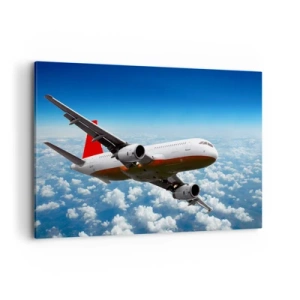 Obraz na płótnie - Samolot pasażerski lecący nad chmurami na tle błękitnego nieba. - 120x80cm - Oderwij się od tego wszystkiego - Nowoczesna dekoracja ścienna do salonu, kuchni i sypialni ARTTOR
