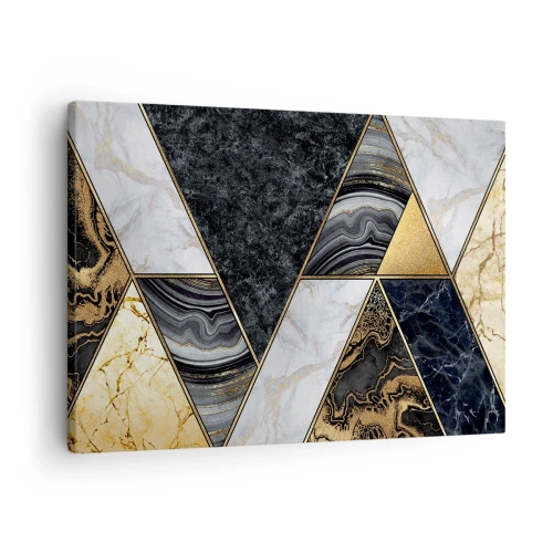 Obraz na płótnie - Geometryczne trójkąty w złocie, marmurze i ciemnych odcieniach - 70x50cm - Kamień przy kamieniu - Nowoczesna dekoracja ścienna do salonu i sypialni ARTTOR