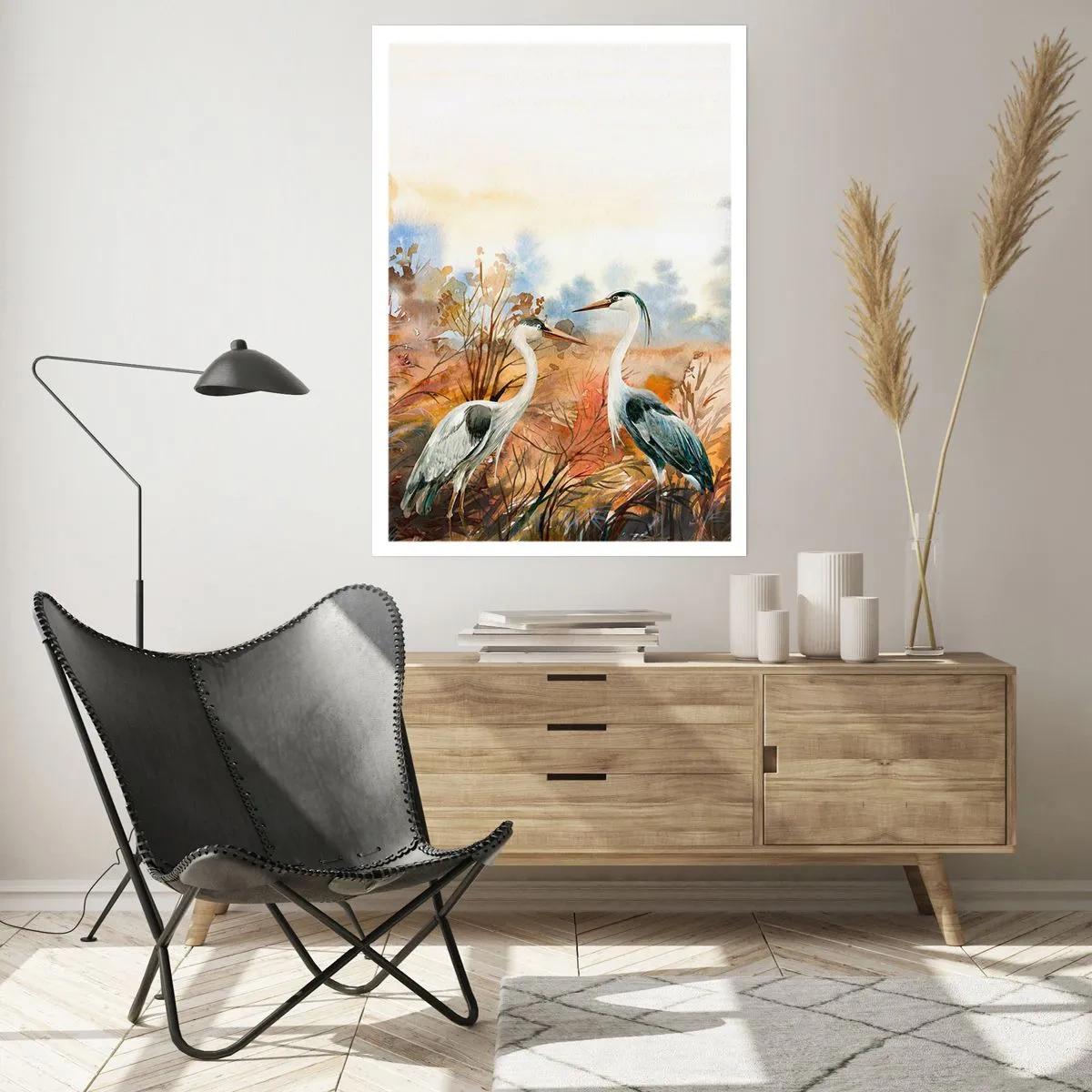 Plakat - Żurawie na tle jesiennego pejzażu w akwareli - 50x70cm - Dokąd jesienią? - Nowoczesna dekoracja ścienna do salonu, kuchni i sypialni ARTTOR