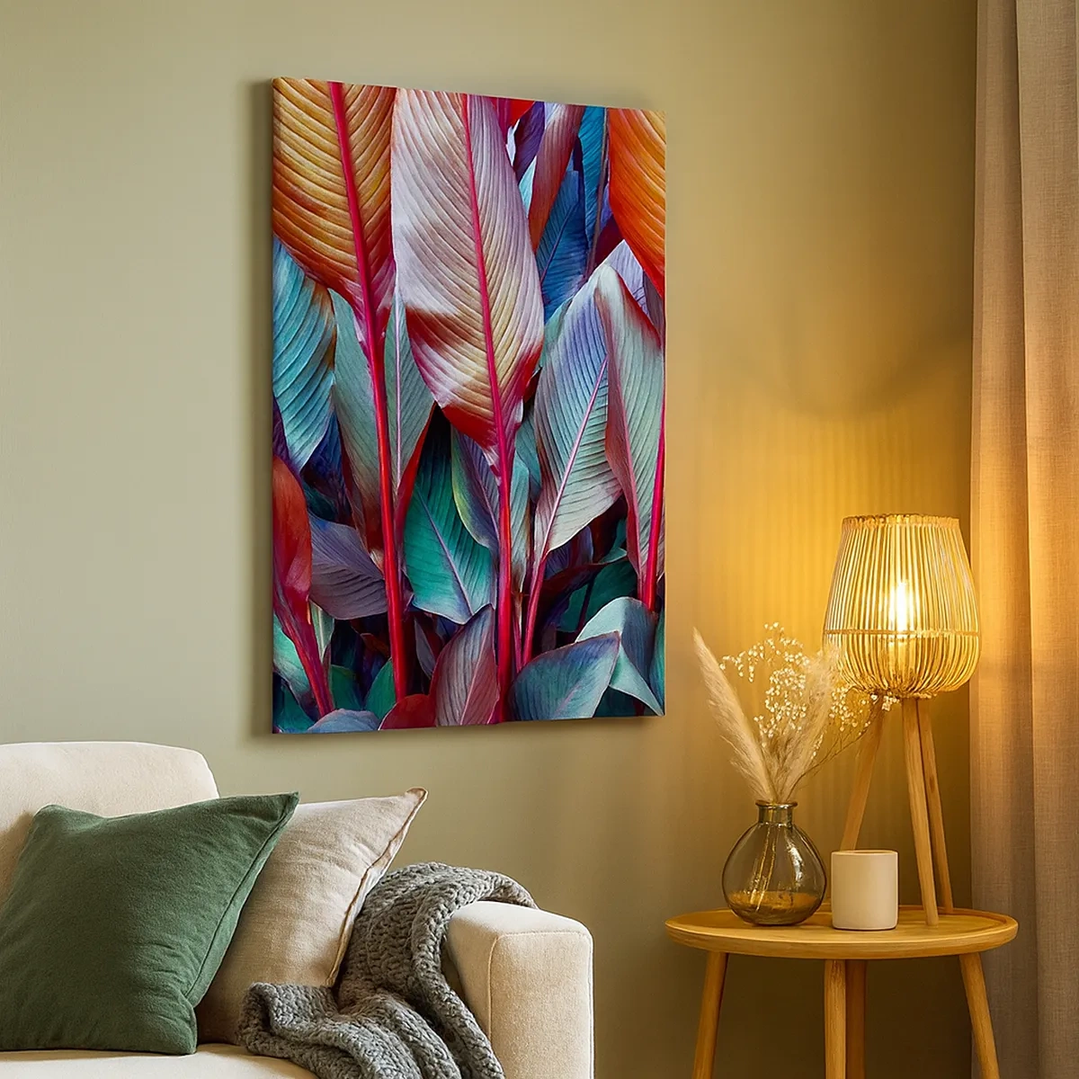 Obraz na płótnie - Barwne tropikalne liście w odcieniach zieleni, czerwieni i błękitu - 50x70cm - Kolorowy gąszcz - Nowoczesna dekoracja ścienna do salonu, kuchni i sypialni ARTTOR