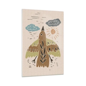 Obraz na szkle - Stylizowany ptak w locie na tle słońca i chmur - 70x100cm - Radosny lot - Nowoczesna dekoracja ścienna do salonu i sypialni ARTTOR