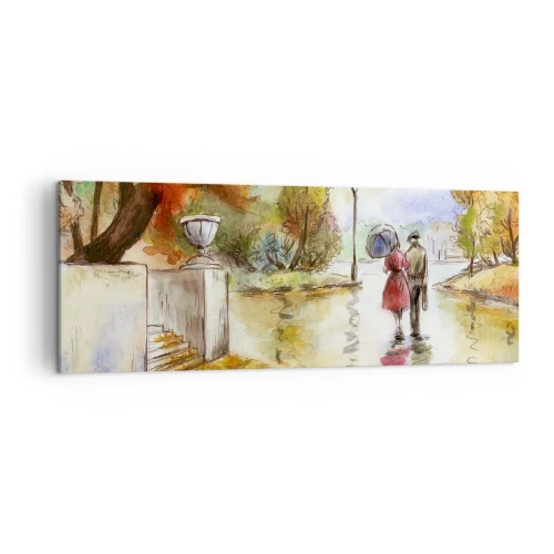 Obraz na płótnie - Spacer w jesiennym parku z parasolem - 140x50cm - Romantyczna jesień w parku - Nowoczesna dekoracja ścienna do salonu i sypialni ARTTOR