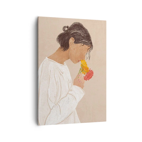 Obraz na płótnie - Kobieta w białej bluzie wąchająca kolorowe kwiaty na beżowym tle - 50x70cm - Dziewczyna i kwiaty - Nowoczesna dekoracja ścienna do salonu, kuchni i sypialni ARTTOR