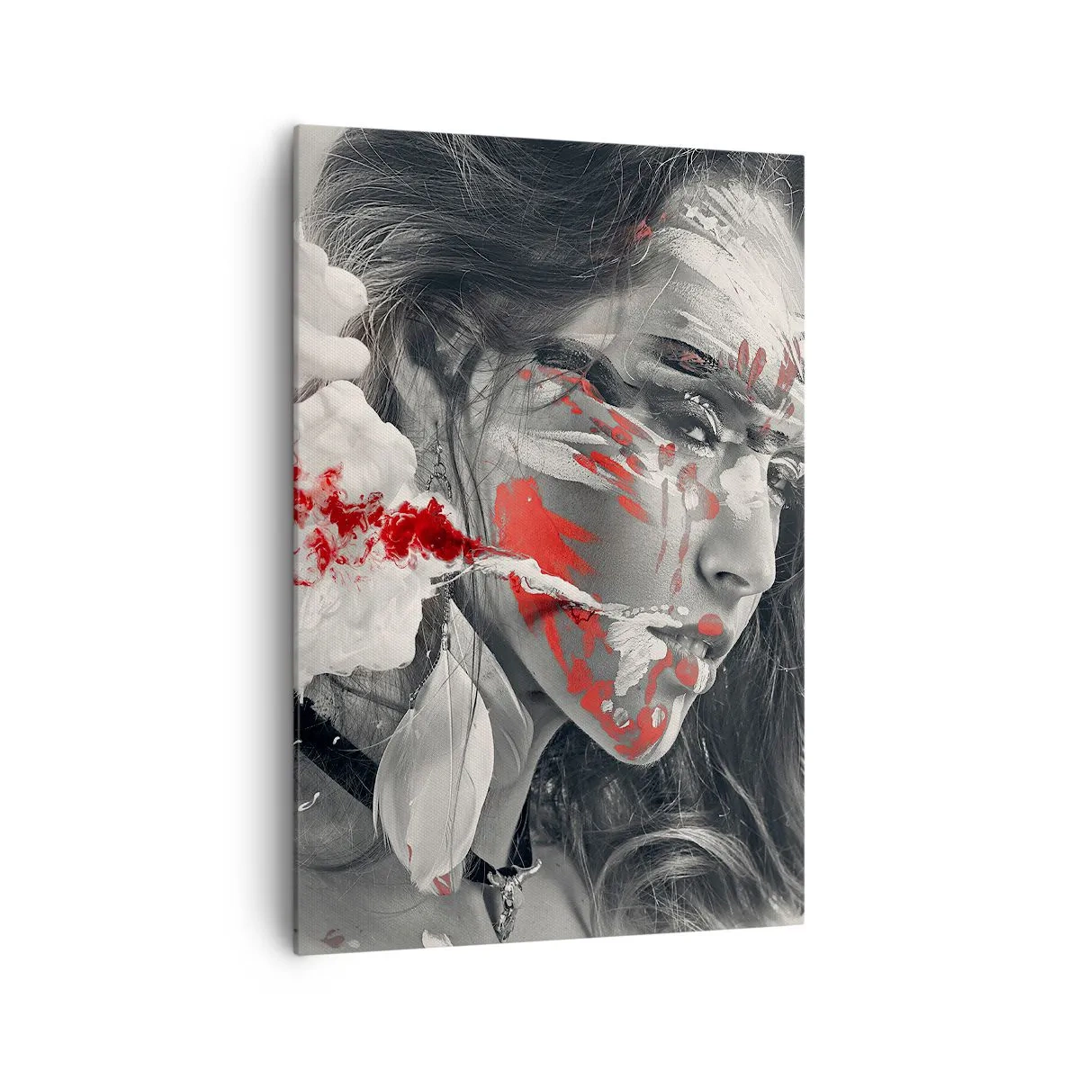 Obraz na płótnie - Artystyczny portret kobiety z abstrakcyjnymi czerwonymi akcentami - 70x100cm - W oparach absurdu - Nowoczesna dekoracja ścienna do salonu i sypialni ARTTOR