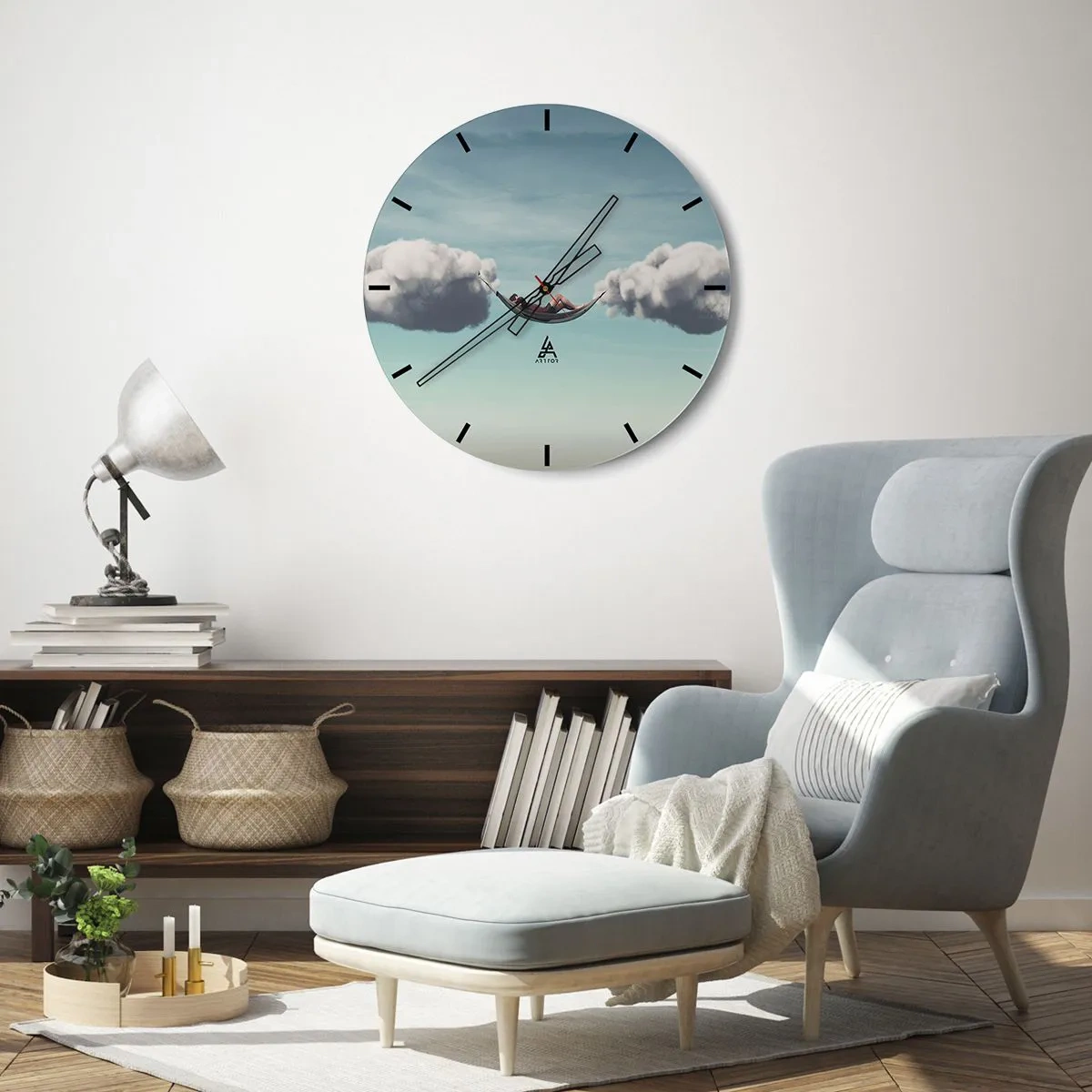 Zegar ścienny - Hamak zawieszony na chmurach - 30x30cm - Błogość chwili - Nowoczesna dekoracja ścienna do salonu, kuchni i sypialni ARTTOR