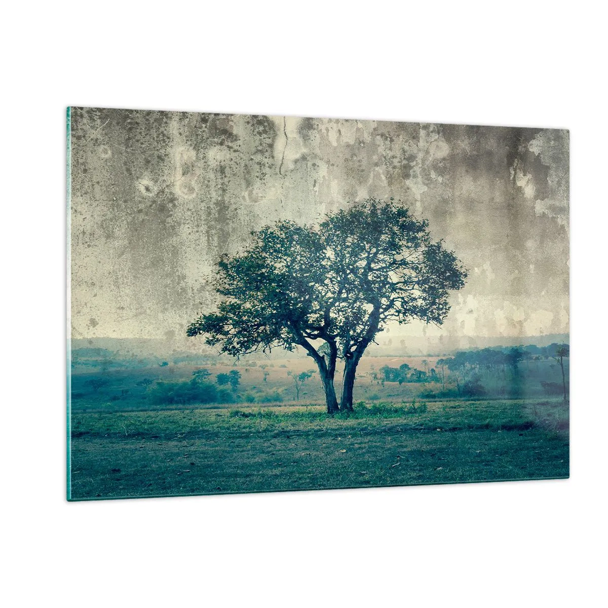 Obraz na szkle - Samotne drzewo na tle pejzażu w stylu vintage - 120x80cm - Jabłoń na błękitnym błoniu? - Nowoczesna dekoracja ścienna do salonu, kuchni i sypialni ARTTOR