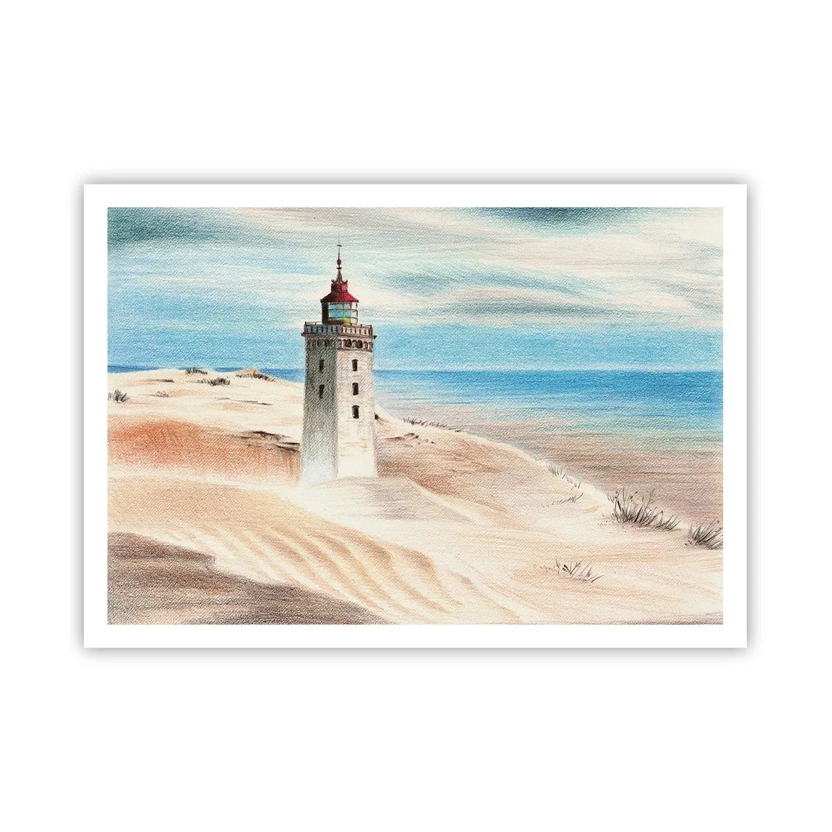 Plakat - Latarnia morska w otoczeniu piaszczystych wydm i błękitnego nieba - 100x70cm - Zawsze wpatrzona w morze - Nowoczesna dekoracja ścienna do salonu i sypialni ARTTOR