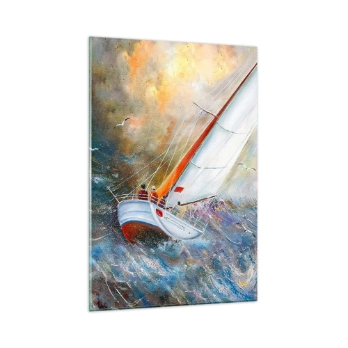 Obraz na szkle - Żaglówki na wzburzonych falach w dynamicznej kompozycji - 80x120cm - Biegnące po falach - Nowoczesna dekoracja ścienna do salonu i sypialni ARTTOR