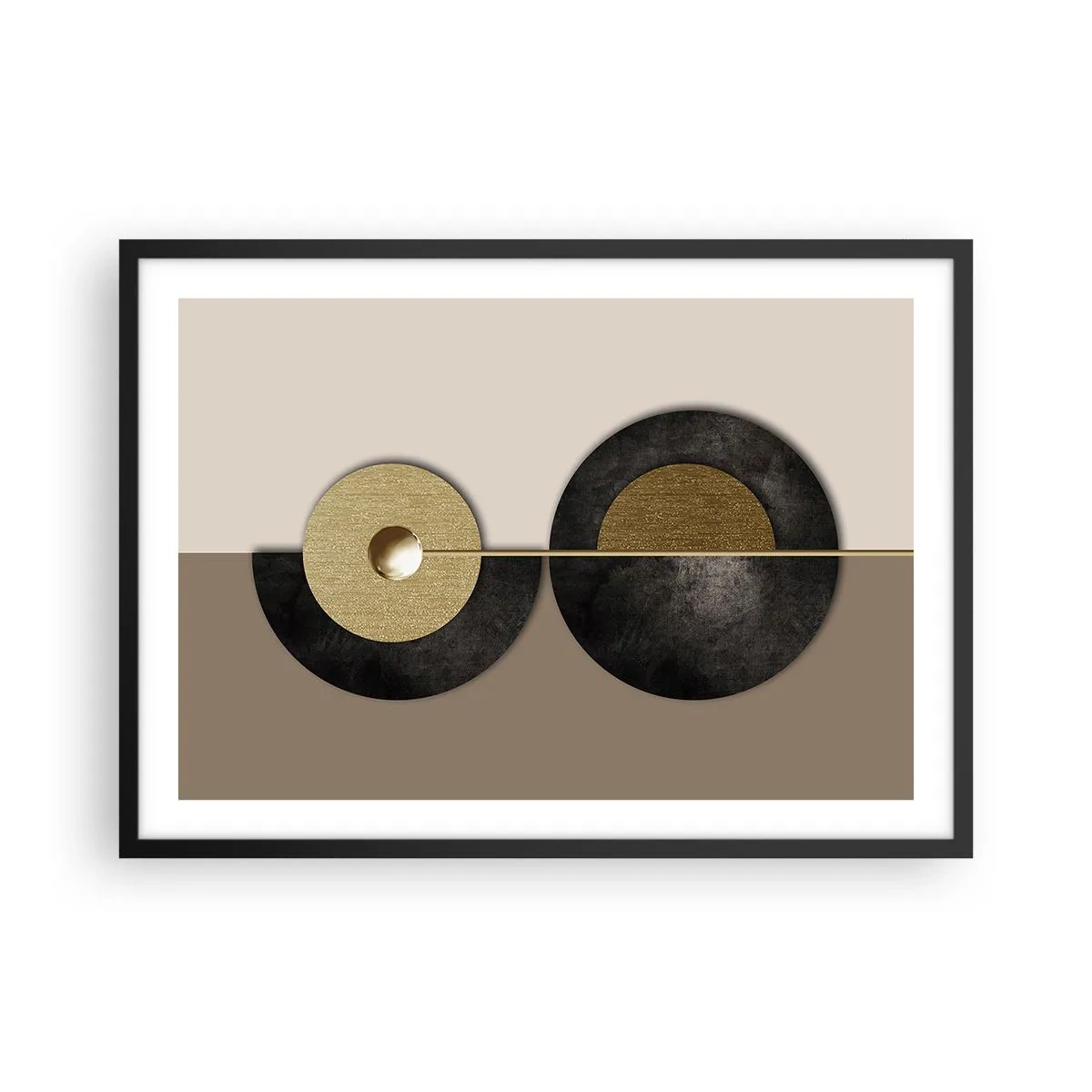 Plakat w czarnej ramie - Abstrakcyjne koła w odcieniach złota i brązu - 70x50cm - Wariacje wokół koła - Nowoczesna dekoracja ścienna do salonu i sypialni ARTTOR