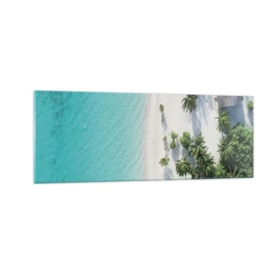 Obraz na szkle - Tropikalna plaża z turkusową wodą i palmami z lotu ptaka - 140x50cm - Wakacje w raju - Nowoczesna dekoracja ścienna do salonu i sypialni ARTTOR