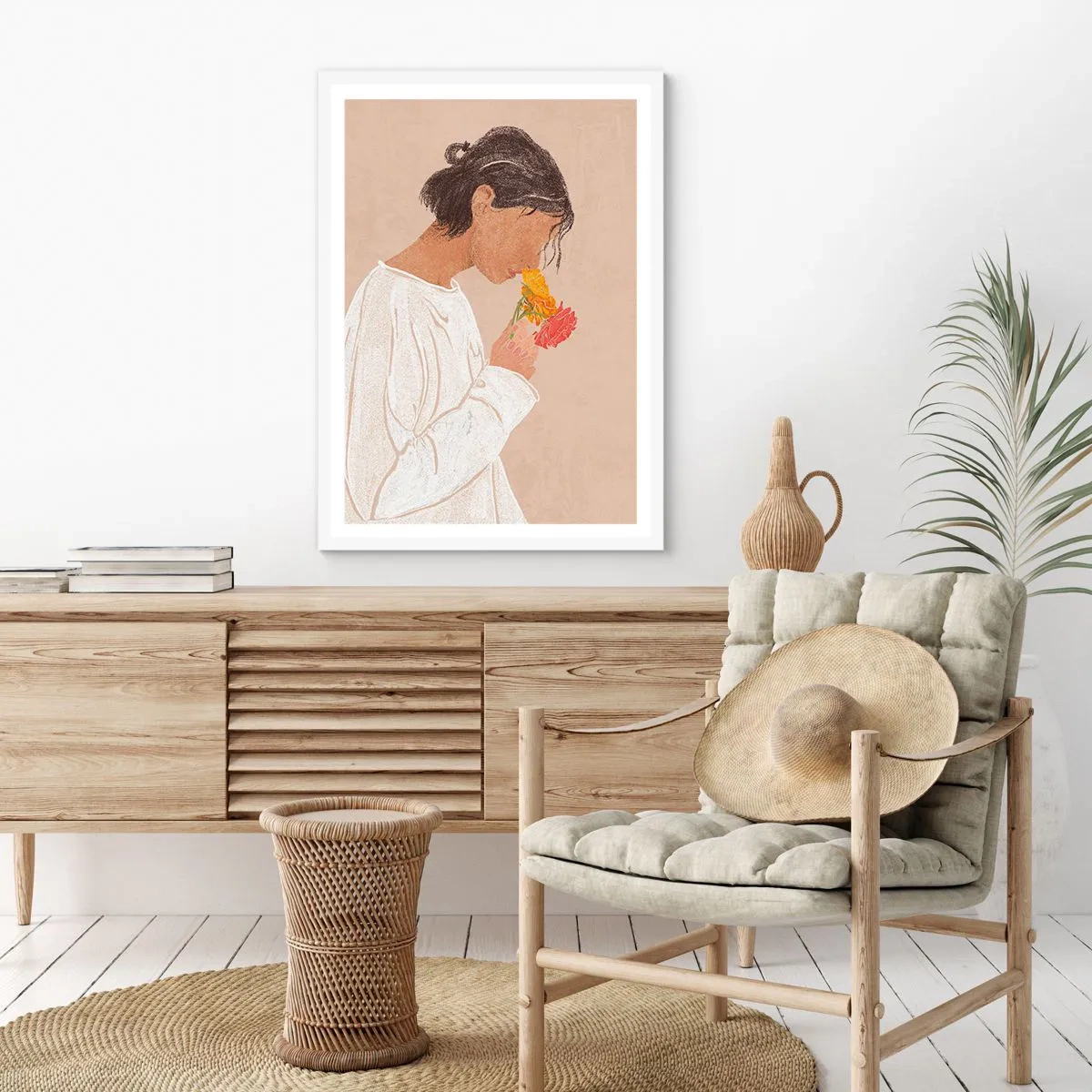 Plakat w białej ramie - Dziewczyna i kwiaty - 70x100 cm