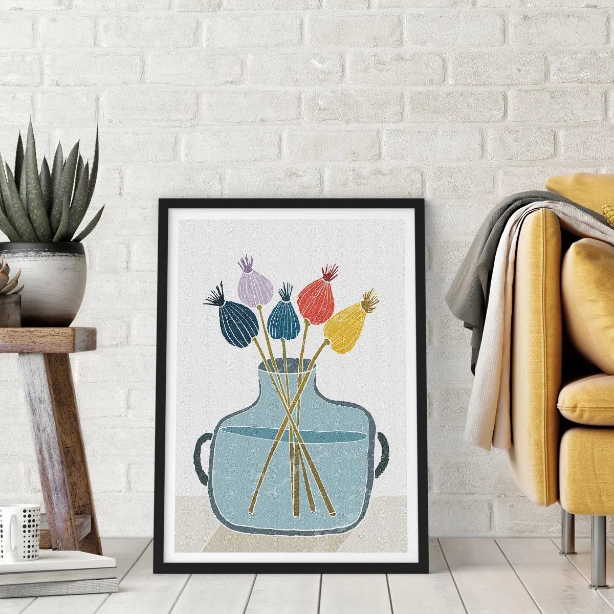 Plakat w czarnej ramie - Minimalistyczna kompozycja makówek w szklanym wazonie - 50x70cm - Jak makiem zasiał - Nowoczesna dekoracja ścienna do salonu i sypialni ARTTOR