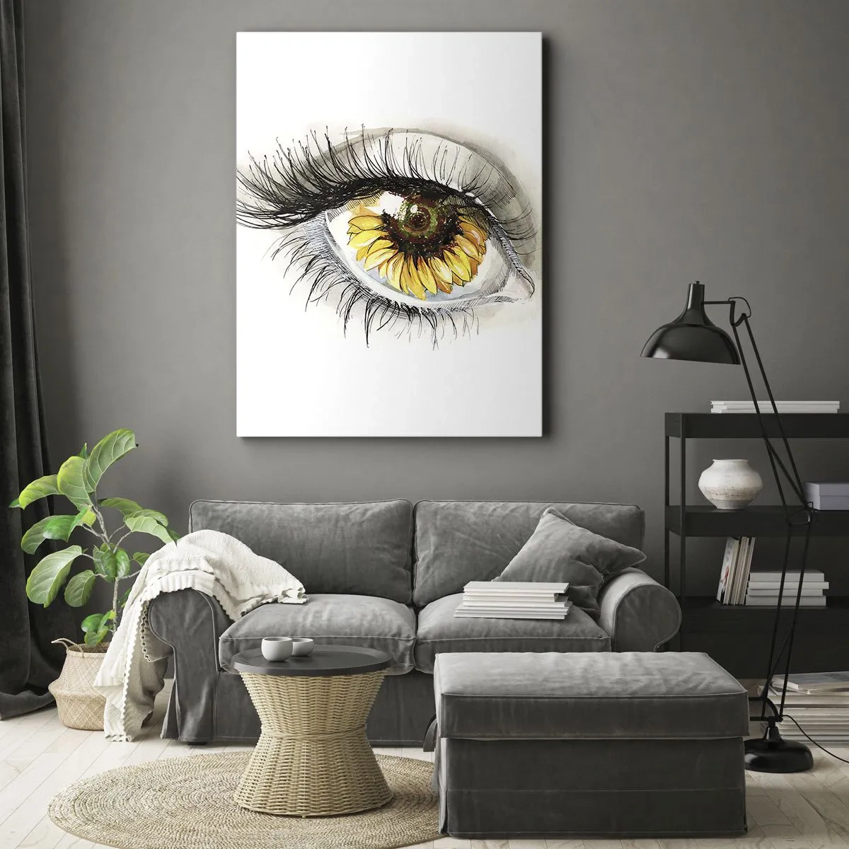 Obraz na płótnie - Oczy z kwiatem słonecznika w oku, z wyrazistymi rzęsami - 50x70cm - Spojrzenie gorące jak lato - Nowoczesna dekoracja ścienna do salonu, kuchni i sypialni ARTTOR