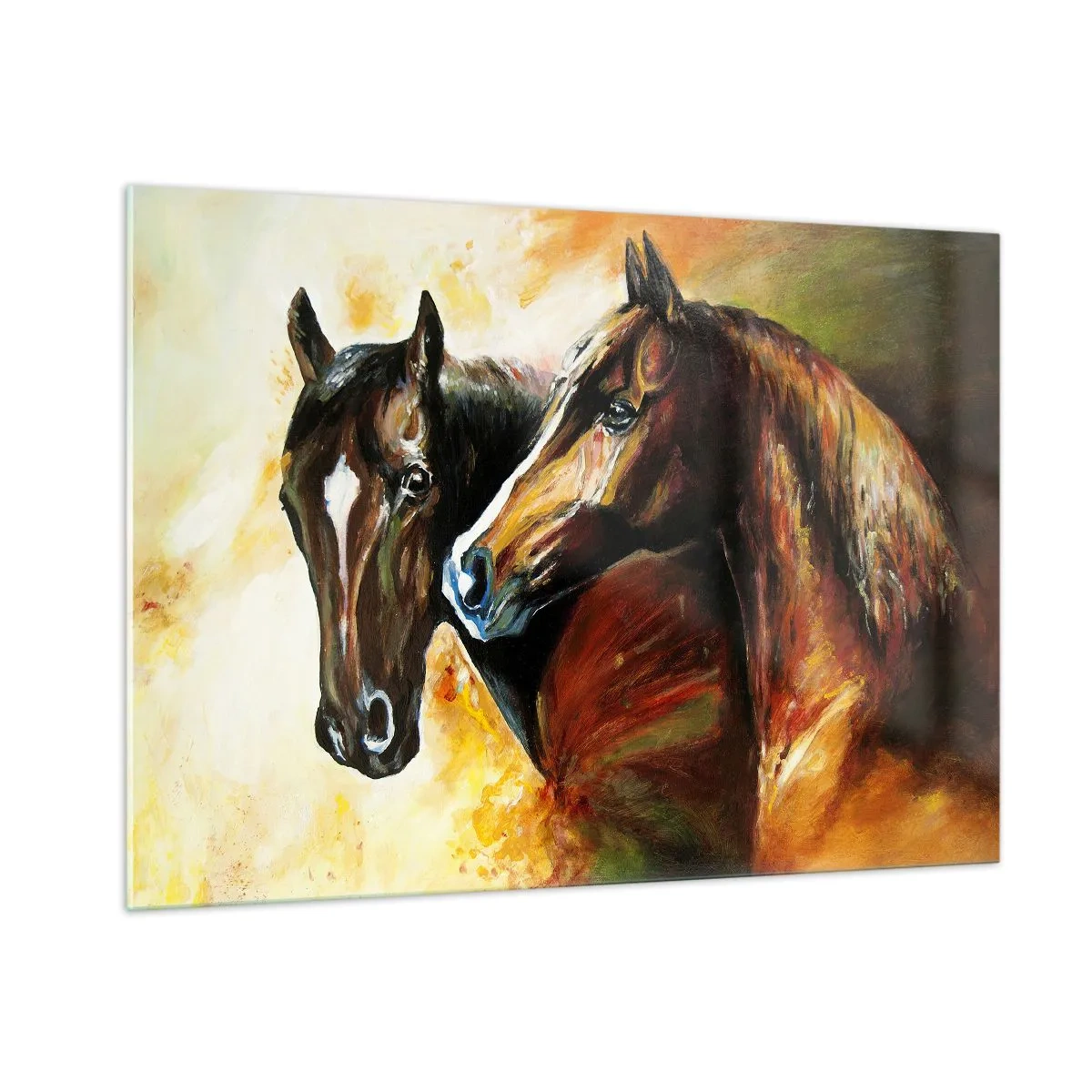 Obraz na szkle - Dwa konie w artystycznej, dynamicznej kompozycji - 100x70cm - Dwa razy więcej wdzięku - Nowoczesna dekoracja ścienna do salonu, kuchni i sypialni ARTTOR