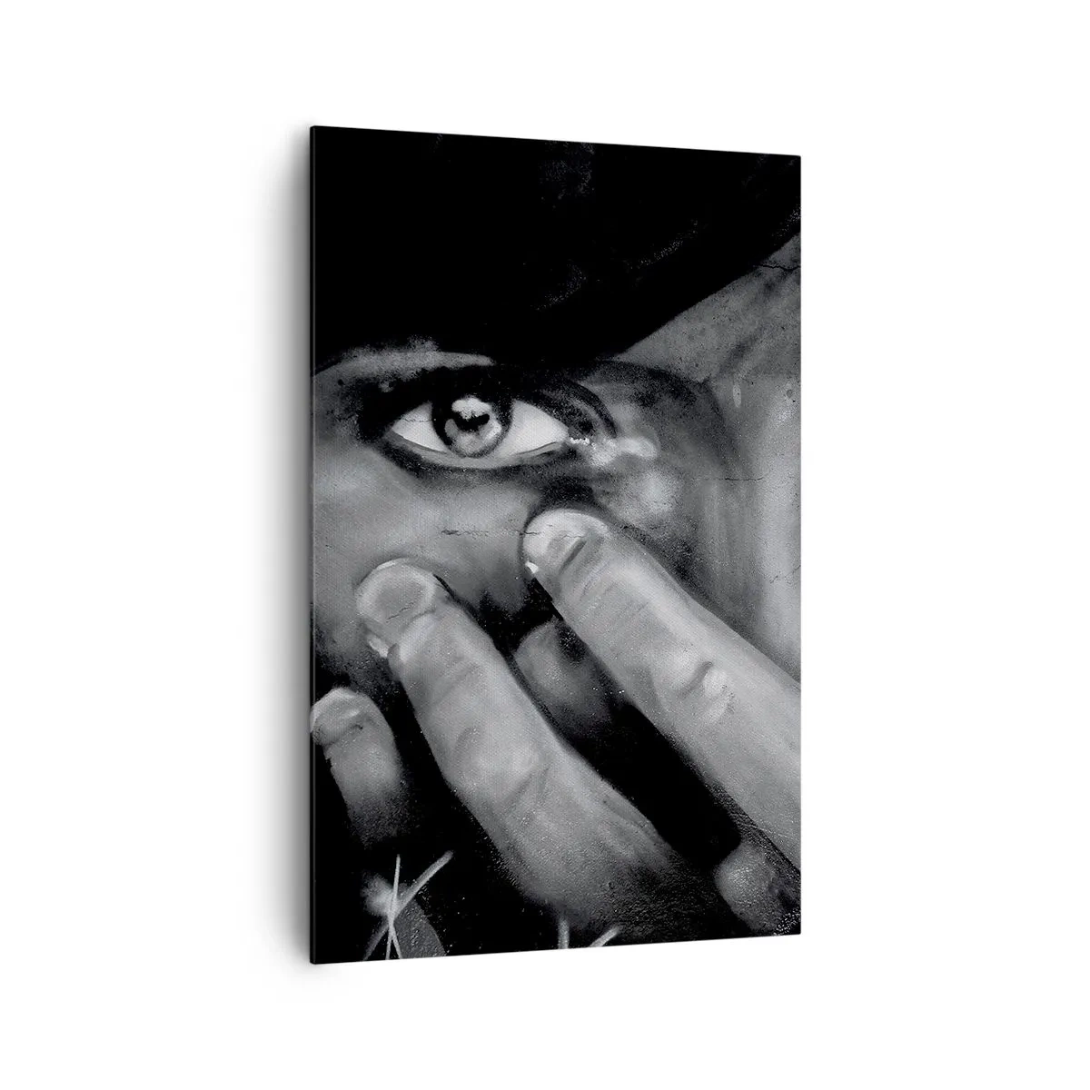 Obraz na płótnie - Czarno-biały portret kobiety zakrywającej twarz dłońmi - 80x120cm - Nie powiem, kto namalował - Nowoczesna dekoracja ścienna do salonu i sypialni ARTTOR