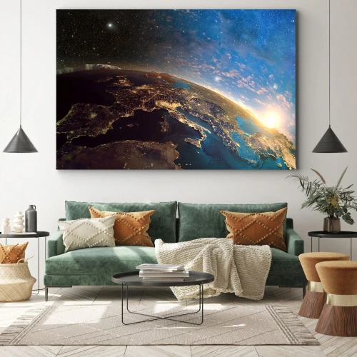 Obraz na płótnie - Spójrzmy na siebie z dystansu - Widok na Ziemię z kosmosu o wschodzie słońca - 70x50cm