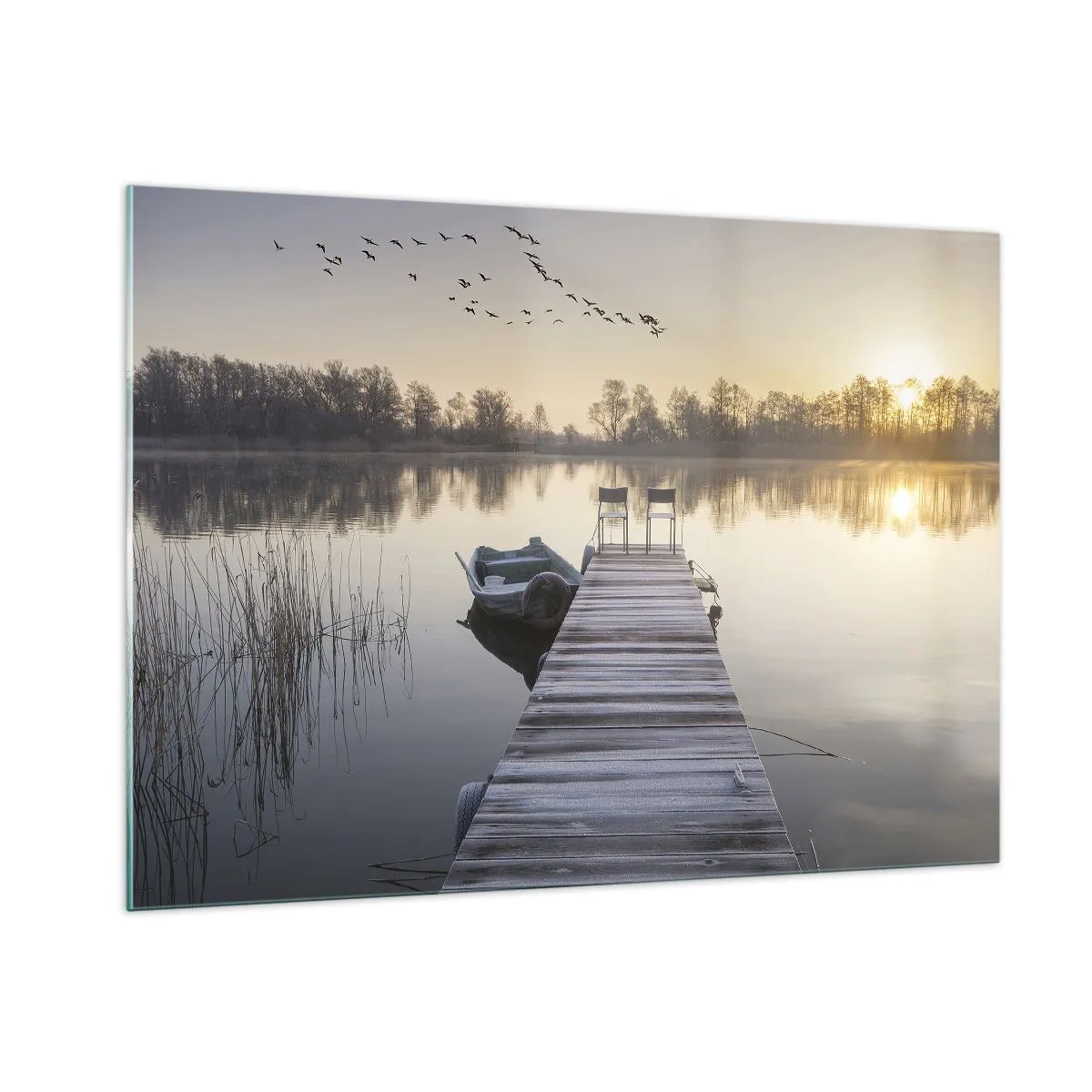 Obraz na szkle - Poranek nad jeziorem z pomostem - 100x70cm - Wrócę za jakiś czas - Nowoczesna dekoracja ścienna do salonu, kuchni i sypialni ARTTOR