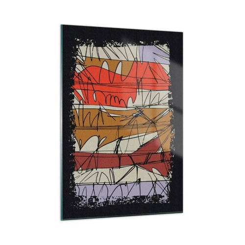 Obraz na szkle - Graficzna abstrakcja z kolorowymi pasami i czarnymi liniami - 50x70cm - Kompozycja spontaniczna - Nowoczesna dekoracja ścienna do salonu, kuchni i sypialni ARTTOR