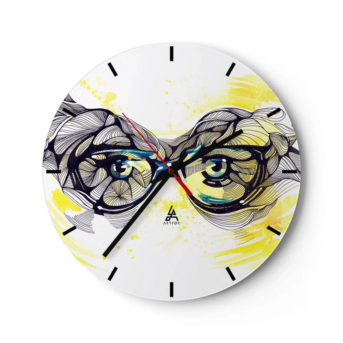 Zegar ścienny - Błękitne okulary w artystycznym stylu z geometrycznymi detalami i żółtym tłem - 30x30cm - Przez błękitne okulary - Nowoczesna dekoracja ścienna do salonu, kuchni i sypialni ARTTOR