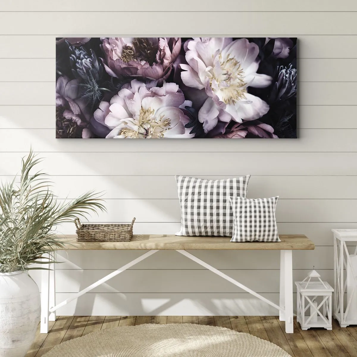 Obraz na płótnie - Kwiaty w delikatnych pastelowych odcieniach - 160x50cm - Bukiet w dawnym stylu - Nowoczesna dekoracja ścienna do salonu i sypialni ARTTOR