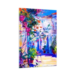 Obraz na szkle - Kolorowa uliczka z kwitnącymi roślinami i światłem - 50x70cm - Impresja - włoska uliczka - Nowoczesna dekoracja ścienna do salonu, kuchni i sypialni ARTTOR