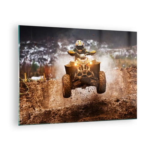 Obraz na szkle - Quad w akcji na błotnistym terenie w dynamicznej scenerii - 70x50cm - No risk no fun - Nowoczesna dekoracja ścienna do salonu i sypialni ARTTOR