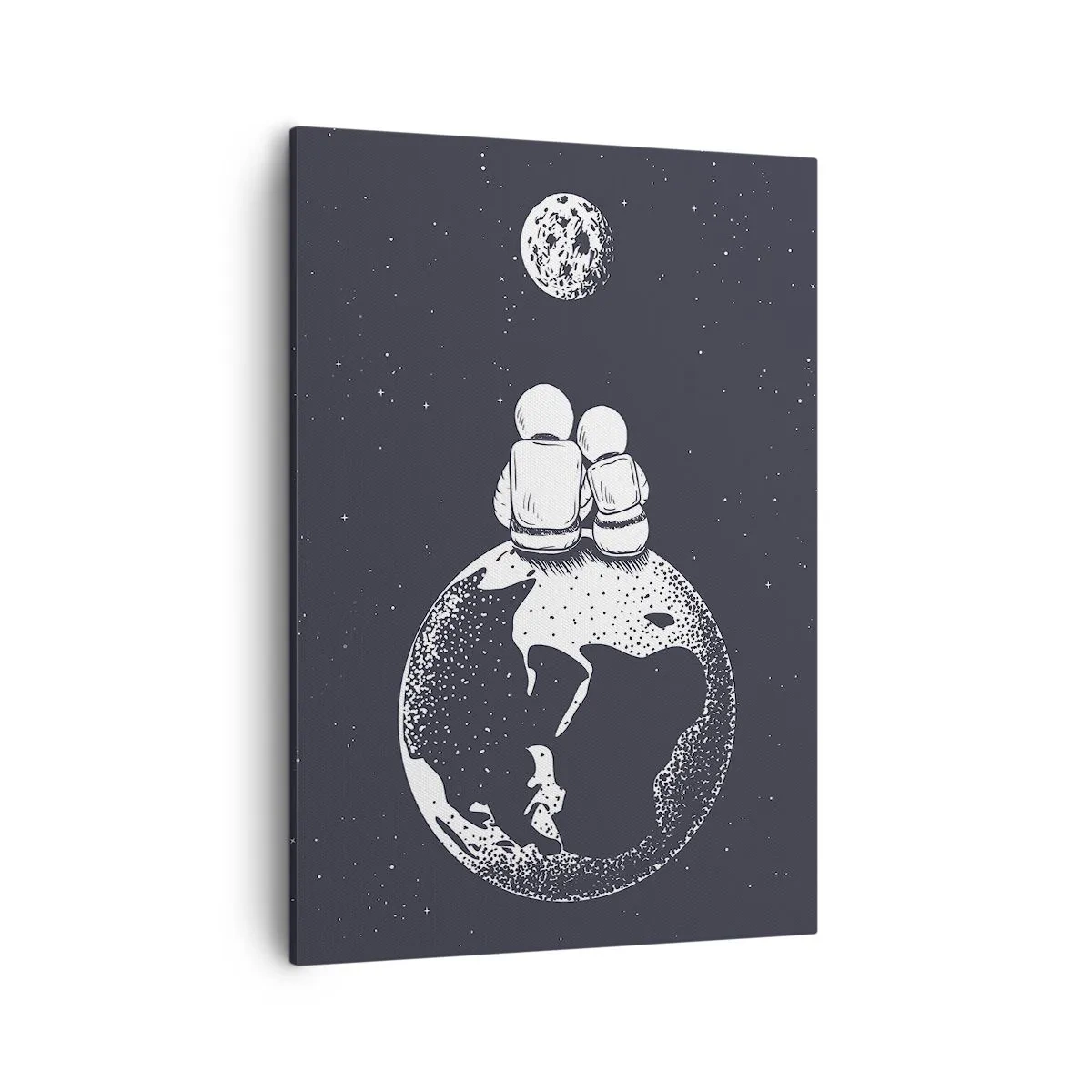 Obraz na płótnie - Minimalistyczna grafika przedstawiająca dwoje astronautów siedzących na Ziemi i patrzących na Księżyc - 50x70cm - Kosmiczne love story - Nowoczesna dekoracja ścienna do salonu, kuchni i sypialni ARTTOR