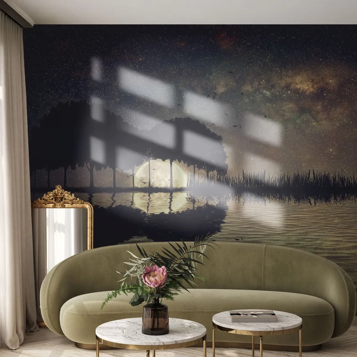 Fototapeta Premium Sand - Nastrojowy nocny krajobraz z księżycem odbijającym się w wodzie - 100x70cm - Noc na krańcu świata - Nowoczesna dekoracja ścienna do salonu, kuchni i sypialni ARTTOR