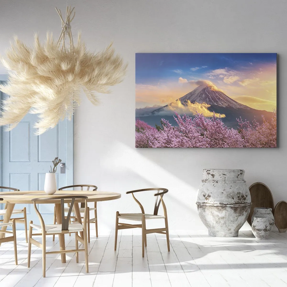 Obraz na płótnie - Góra Fuji na tle kwitnących wiśni o zachodzie słońca - 70x50cm - Japońska świętość - Nowoczesna dekoracja ścienna do salonu i sypialni ARTTOR