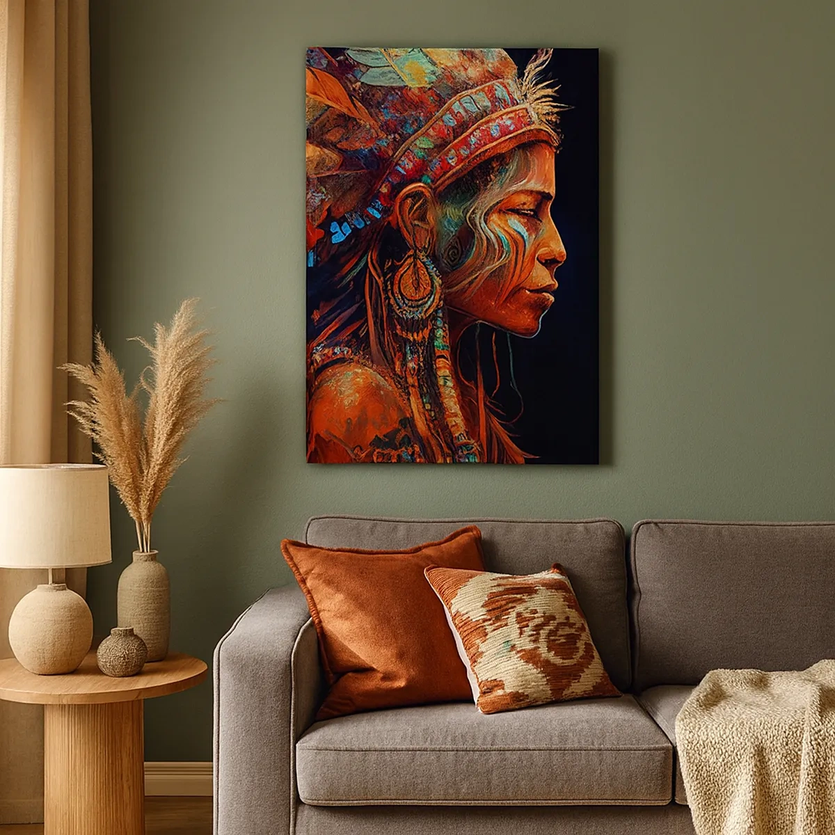 Obraz na płótnie - Kobieta w tradycyjnym pióropuszu - 50x70cm - Magiczny rytuał - Nowoczesna dekoracja ścienna do salonu, kuchni i sypialni ARTTOR