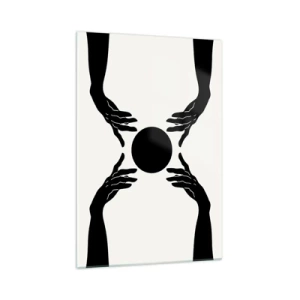 Obraz na szkle - Czarne dłonie w symetrycznej kompozycji z kulą - 70x100cm - Tajemny znak - Nowoczesna dekoracja ścienna do salonu i sypialni ARTTOR