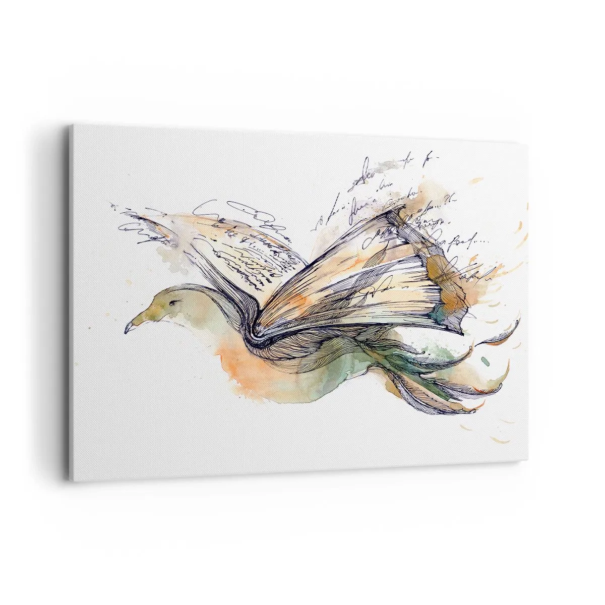 Obraz na płótnie - Artystyczna akwarela ptaka z książką jako skrzydłami - 100x70cm - Na skrzydłach poezji - Nowoczesna dekoracja ścienna do salonu, kuchni i sypialni ARTTOR