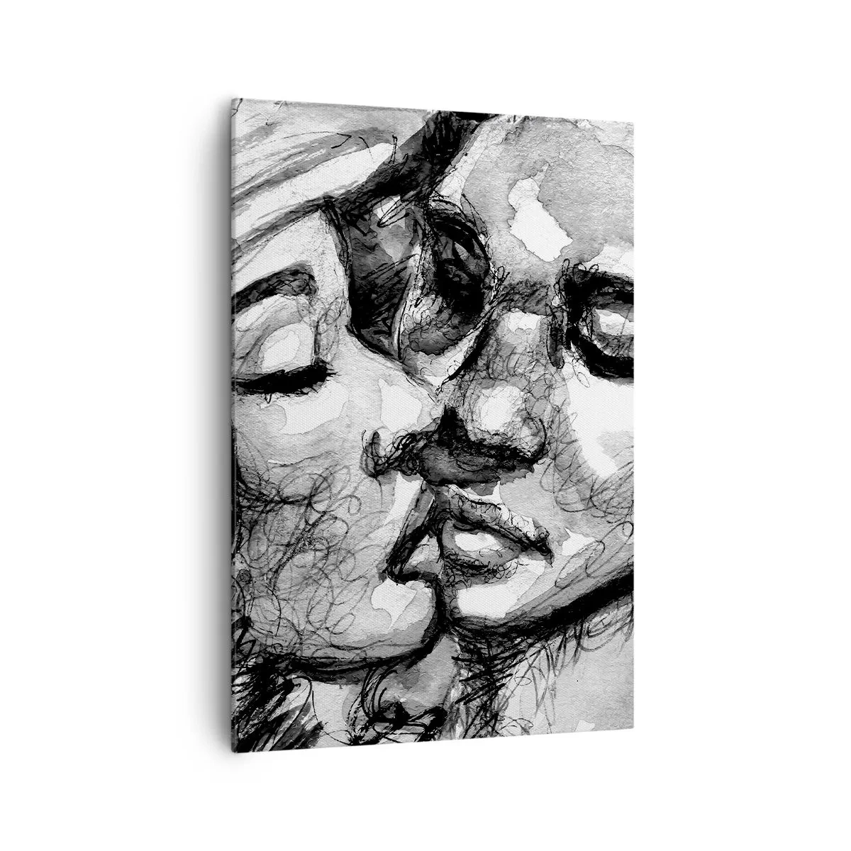 Obraz na płótnie - Czarno-biała akwarela przedstawiająca intymny moment dwóch osób - 70x100cm - Czuła chwila - Nowoczesna dekoracja ścienna do salonu i sypialni ARTTOR
