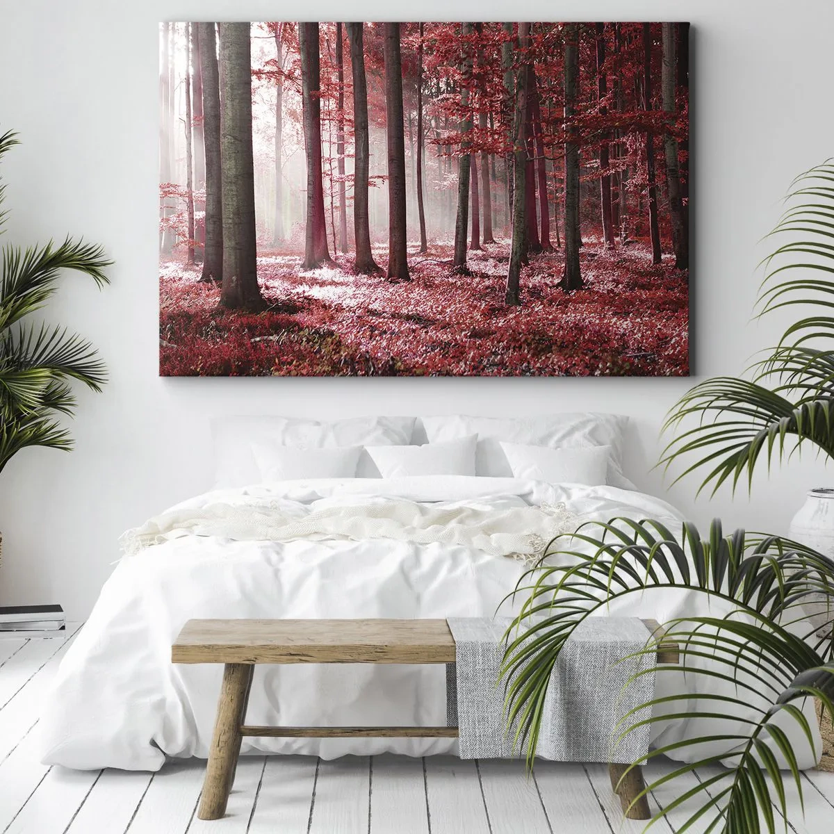 Obraz na płótnie - Czerwony równie piękny - Zachwycający las w czerwonych barwach z promieniami światła przenikającymi przez drzewa - 70x50cm