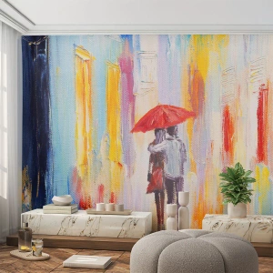 Fototapeta Standard Eco - Para pod czerwonym parasolem w kolorowej miejskiej scenerii - 100x70cm - Niech pada dalej - Nowoczesna dekoracja ścienna do salonu i sypialni ARTTOR