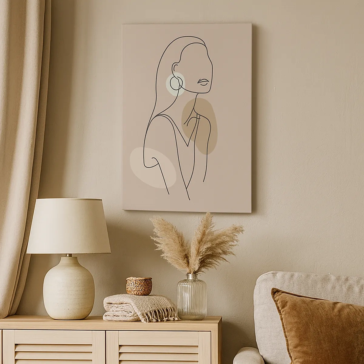 Obraz na płótnie - Minimalistyczna linia przedstawiająca kobietę na beżowym tle - 50x70cm - Ikona dziewczęcości - Nowoczesna dekoracja ścienna do salonu, kuchni i sypialni ARTTOR