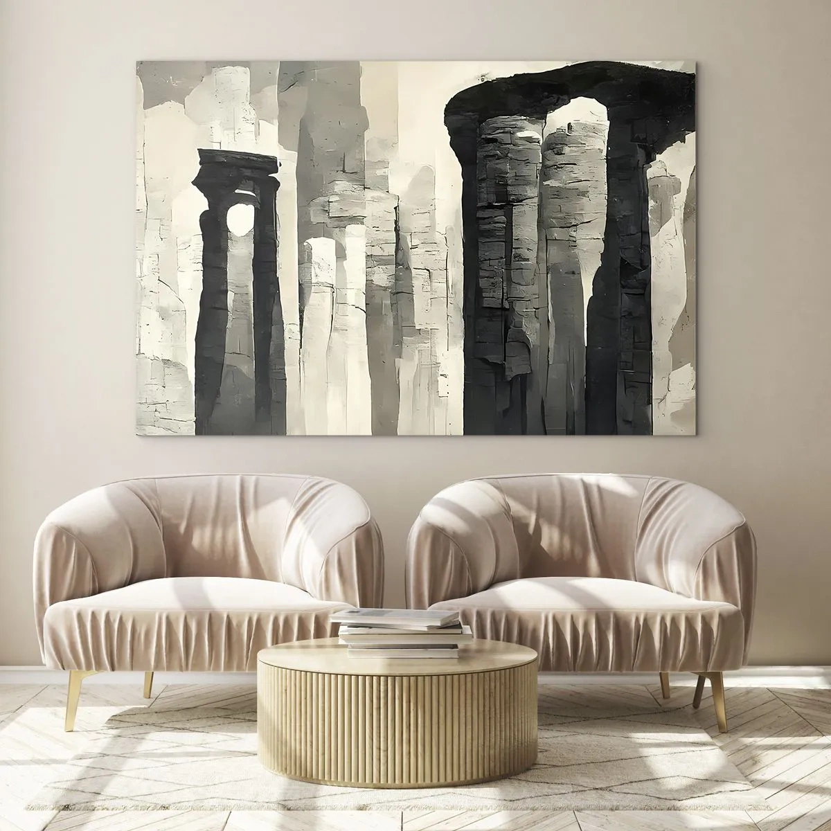 Obraz na szkle - Kamienne kolumny w stylu antycznym w neutralnej palecie barw - 70x50cm - Majestat antyku - Nowoczesna dekoracja ścienna do salonu i sypialni ARTTOR