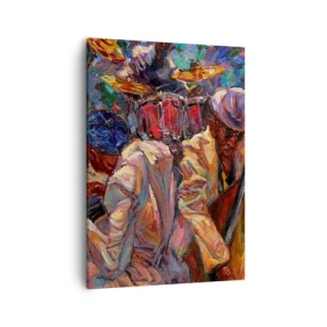 Obraz na płótnie - Kolorowa scena muzyczna z muzykami i perkusją - 50x70cm - W jednym rytmie - Nowoczesna dekoracja ścienna do salonu, kuchni i sypialni ARTTOR