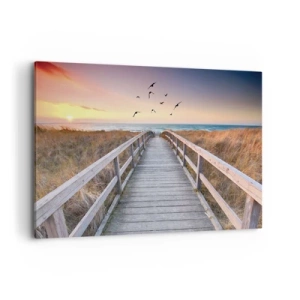 Obraz na płótnie - Drewniany pomost prowadzący na plażę o zachodzie słońca - 120x80cm - Przestrzeń wzlotów - Nowoczesna dekoracja ścienna do salonu, kuchni i sypialni ARTTOR