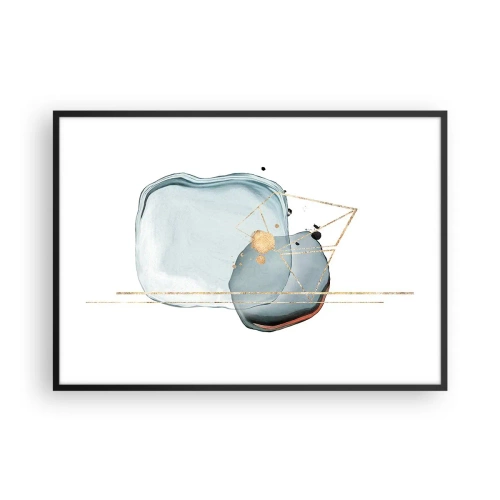 Plakat w czarnej ramie - Abstrakcyjne formy w odcieniach błękitu i złota na białym tle - 100x70cm - Studium kropli - Nowoczesna dekoracja ścienna do salonu i sypialni ARTTOR