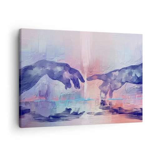 Obraz na płótnie - Symboliczne dłonie w abstrakcyjnych barwach, odwołujące się do motywu stworzenia - 70x50cm - Boska iskra życia - Nowoczesna dekoracja ścienna do salonu i sypialni ARTTOR